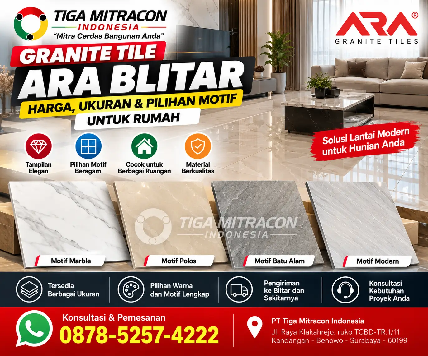 Granite Tile ARA Blitar dengan pilihan motif marmer, polos, batu alam, dan modern untuk lantai rumah.