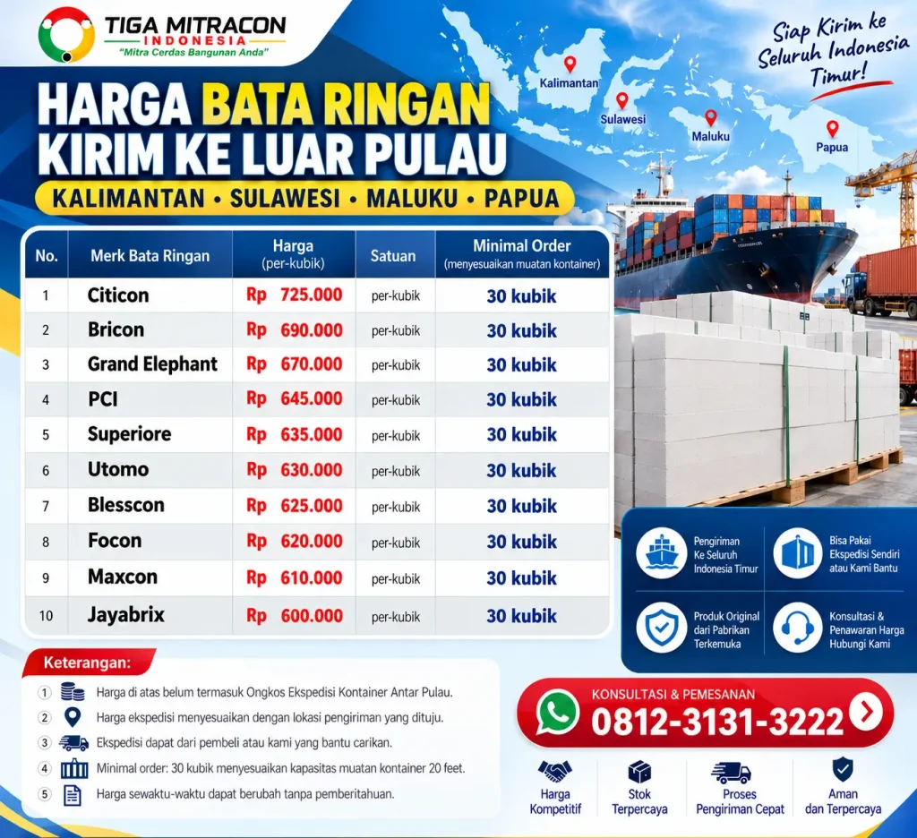 Harga Bata Ringan Kirim Luar Pulau kirim ke Kalimantan, Sulawesi, Maluku, Papua