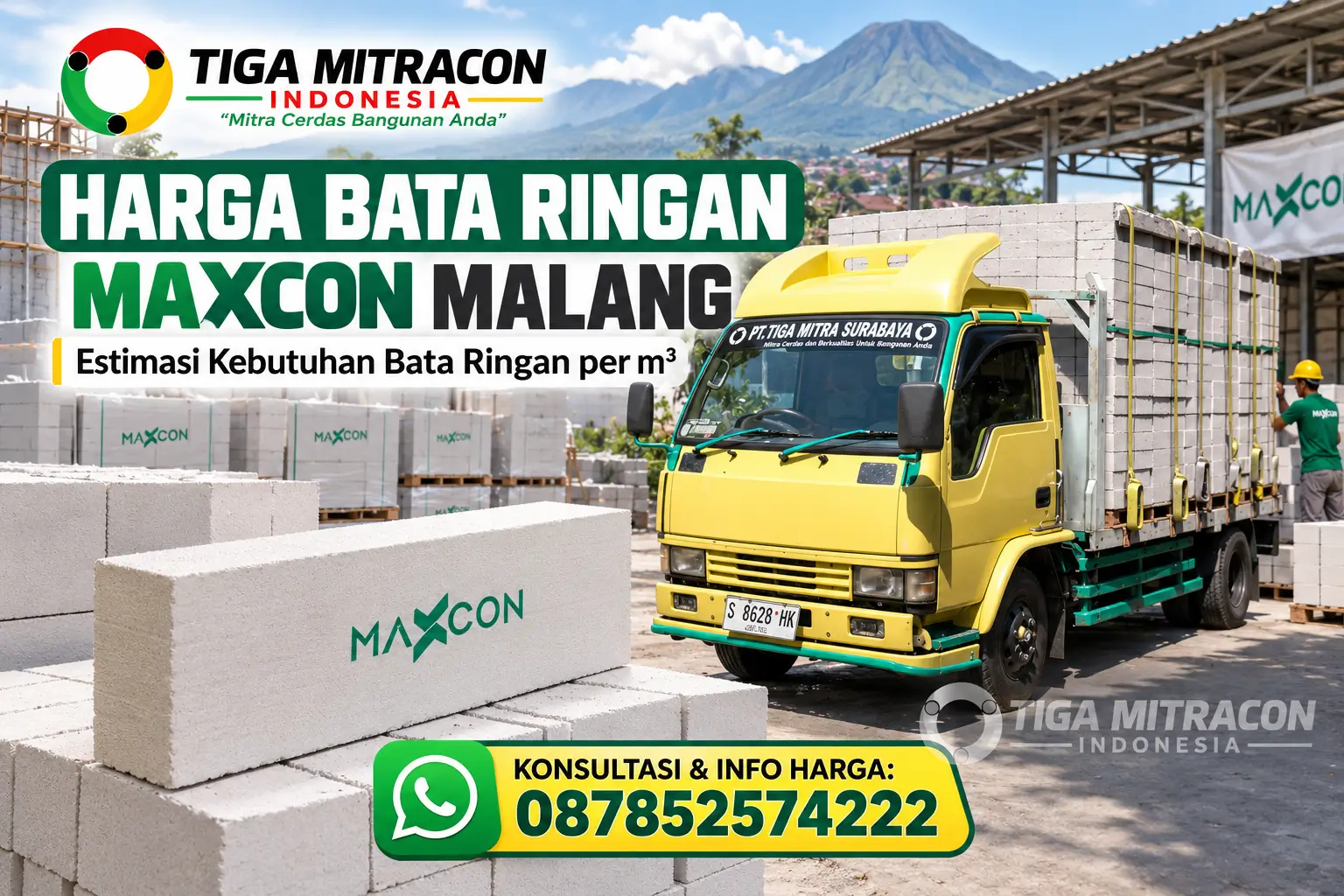 Harga bata ringan Maxcon Malang dengan armada pengiriman Tiga Mitracon Indonesia dan konsultasi kebutuhan per m³