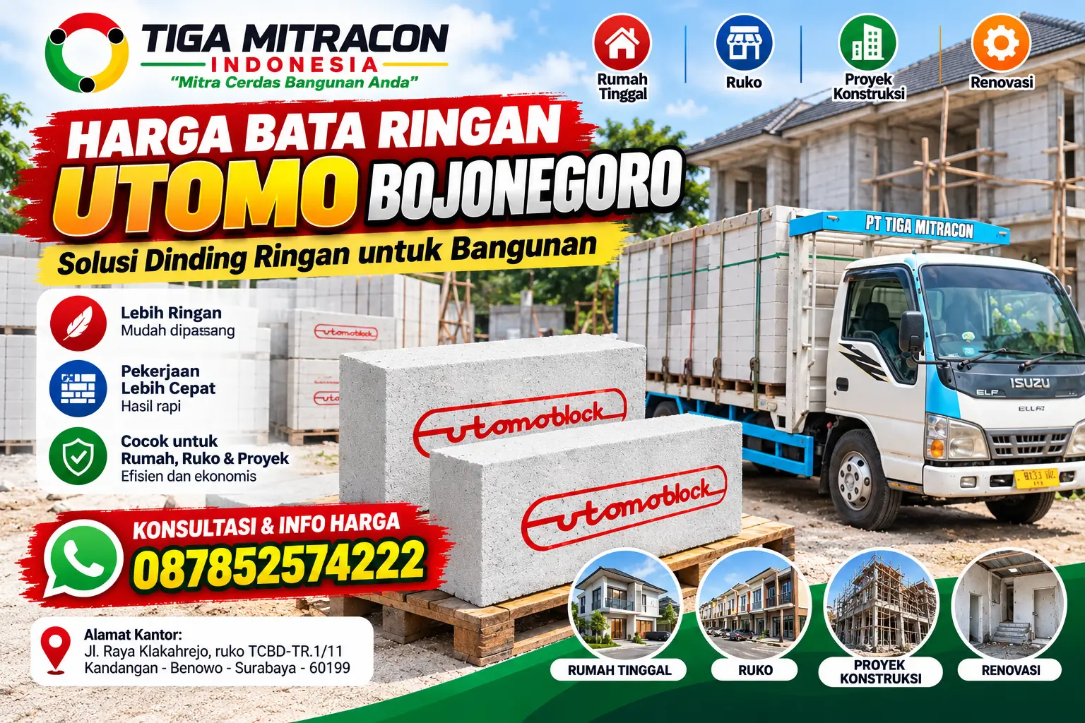 Harga bata ringan Utomo Bojonegoro untuk rumah, ruko, dan proyek konstruksi bersama Tiga Mitracon Indonesia.