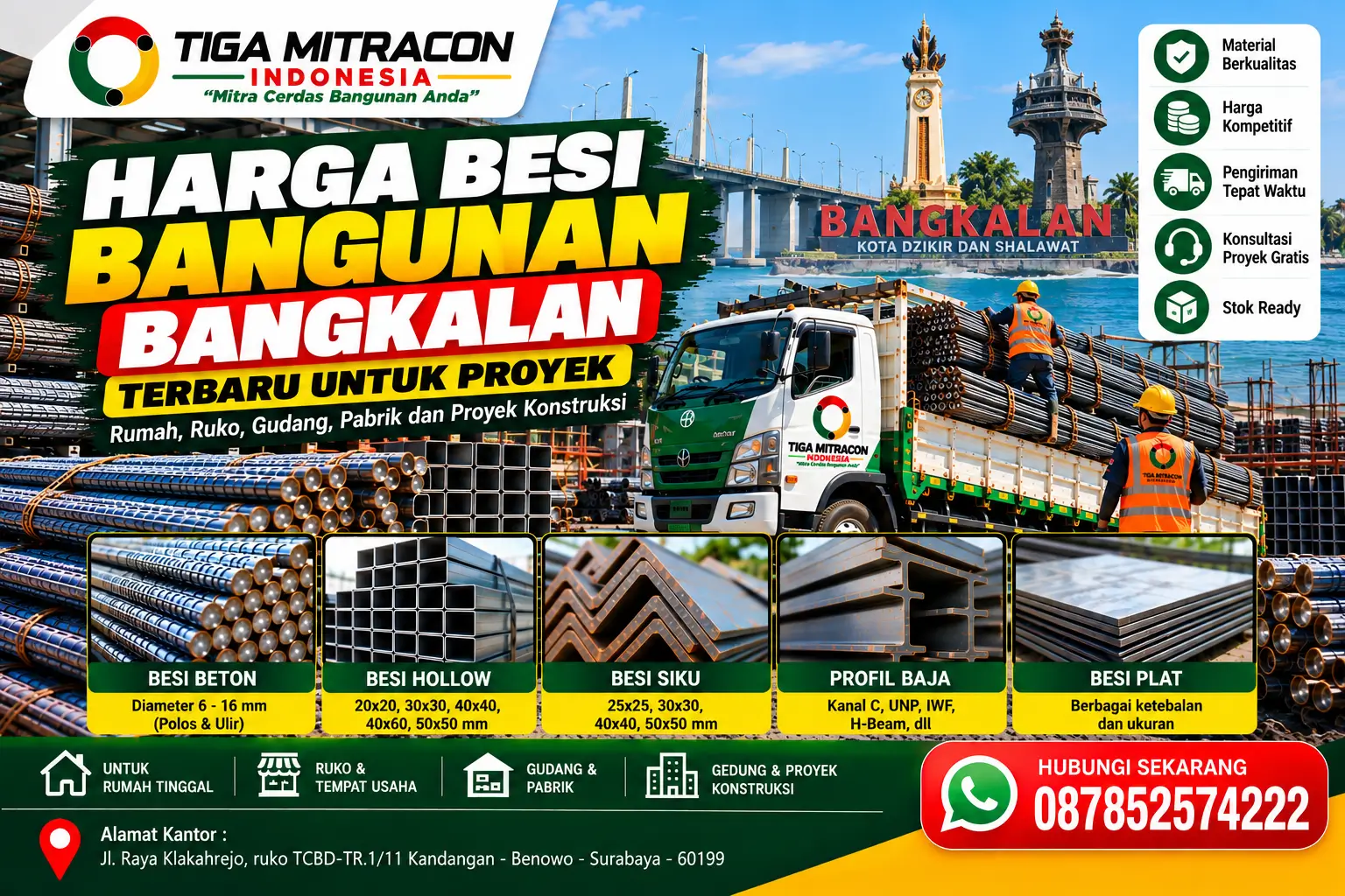 Harga besi bangunan Bangkalan terbaru dari Tiga Mitracon Indonesia dengan pilihan besi beton, hollow, siku, profil baja, dan besi plat untuk proyek konstruksi.