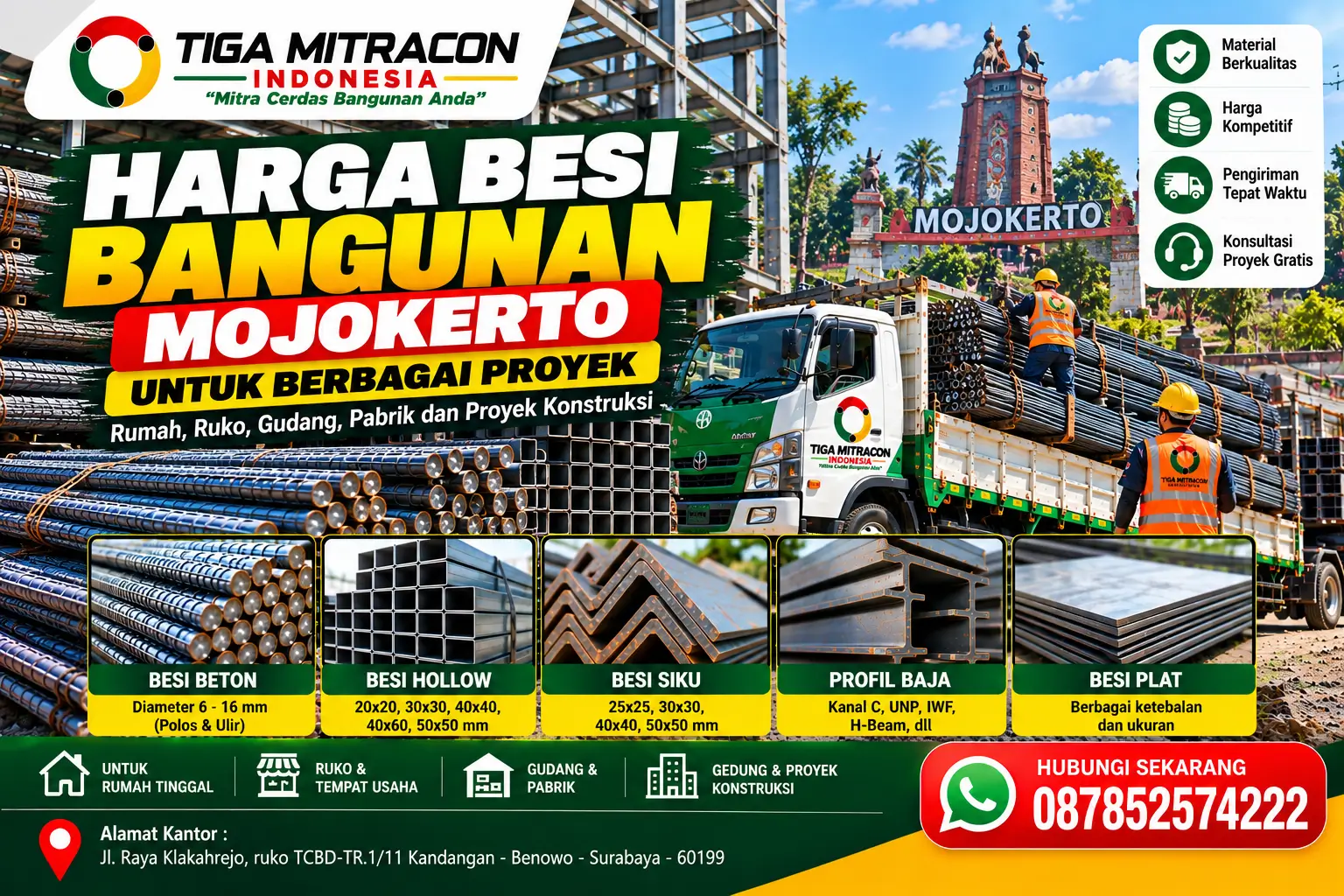 Harga besi bangunan Mojokerto dari Tiga Mitracon Indonesia dengan pilihan besi beton, hollow, siku, profil baja, dan besi plat untuk berbagai proyek.