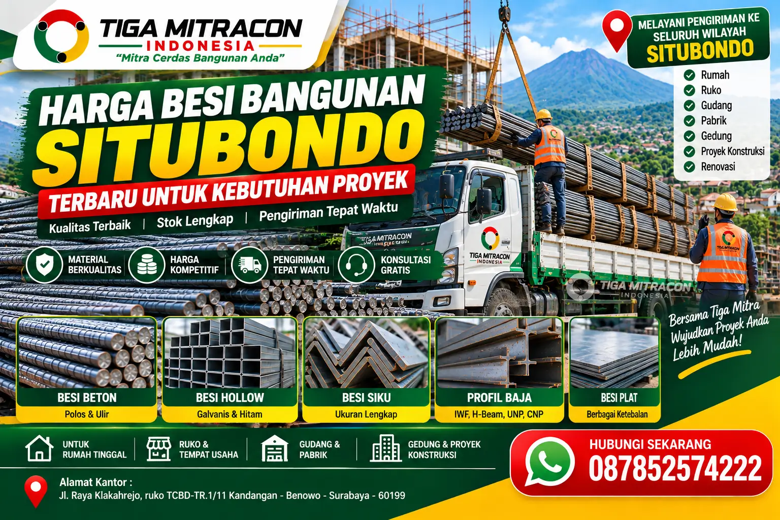 Harga besi bangunan Situbondo untuk kebutuhan proyek, menampilkan besi beton, besi hollow, besi siku, profil baja, dan besi plat dari Tiga Mitracon Indonesia.