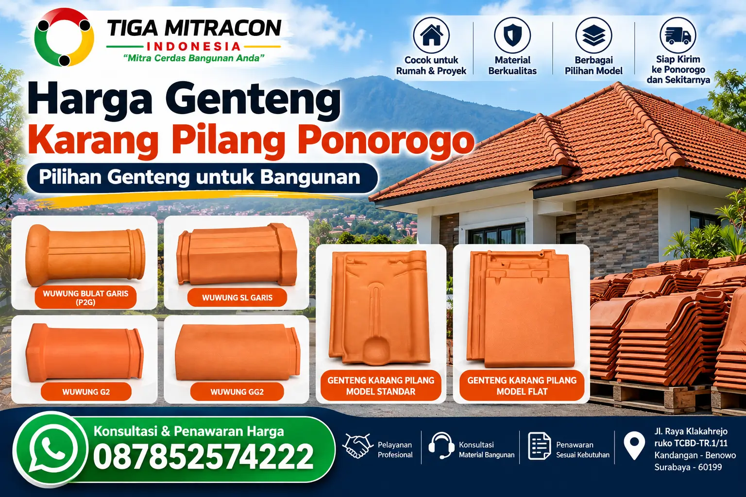 Genteng Karang Pilang model standar, flat, dan wuwung untuk rumah dan proyek bangunan di Ponorogo – Tiga Mitracon Indonesia.