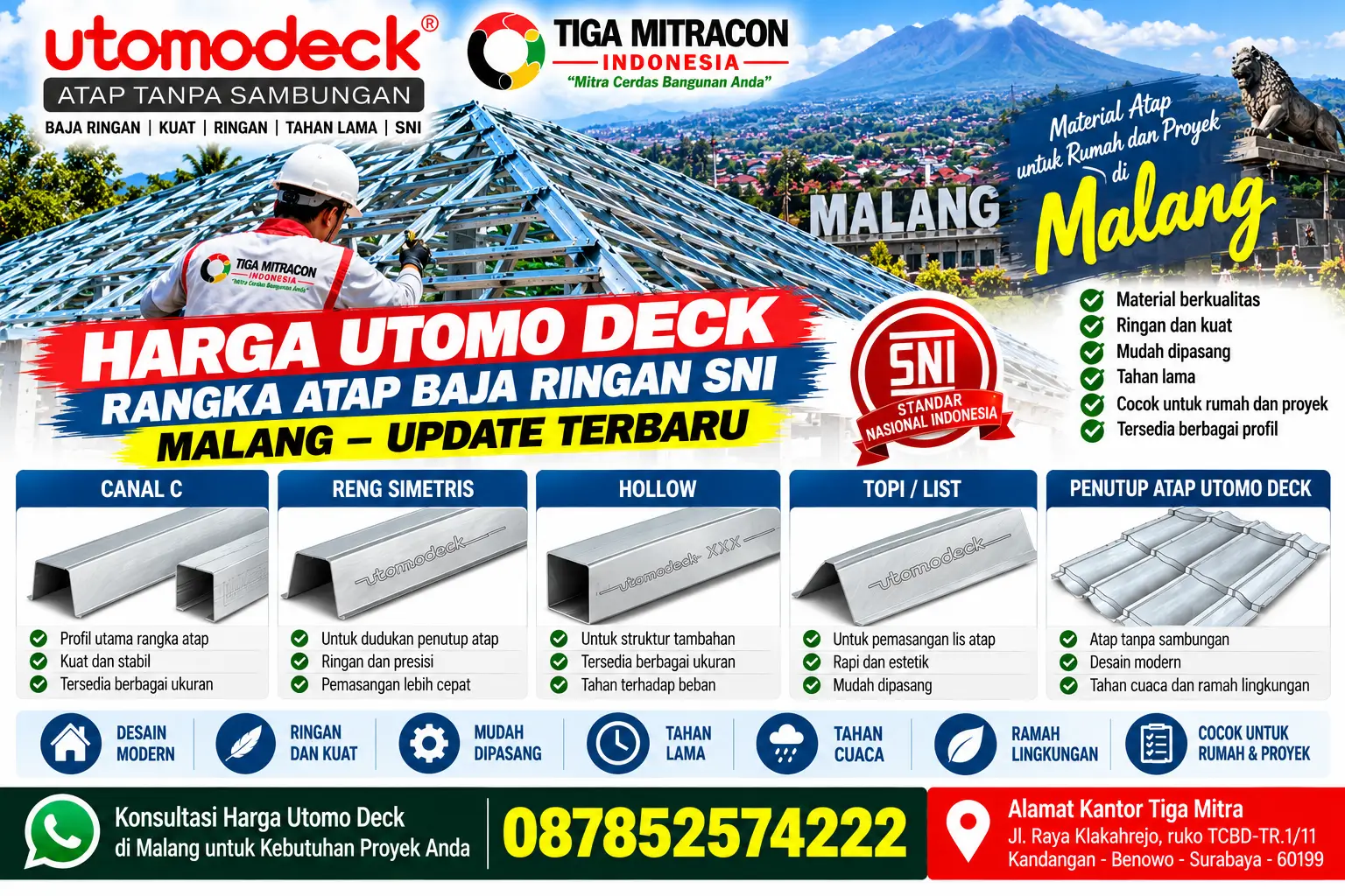 Harga Utomo Deck Malang untuk rangka atap baja ringan SNI dengan profil Canal C, Reng Simetris, Hollow, dan penutup atap Utomo Deck dari Tiga Mitracon Indonesia