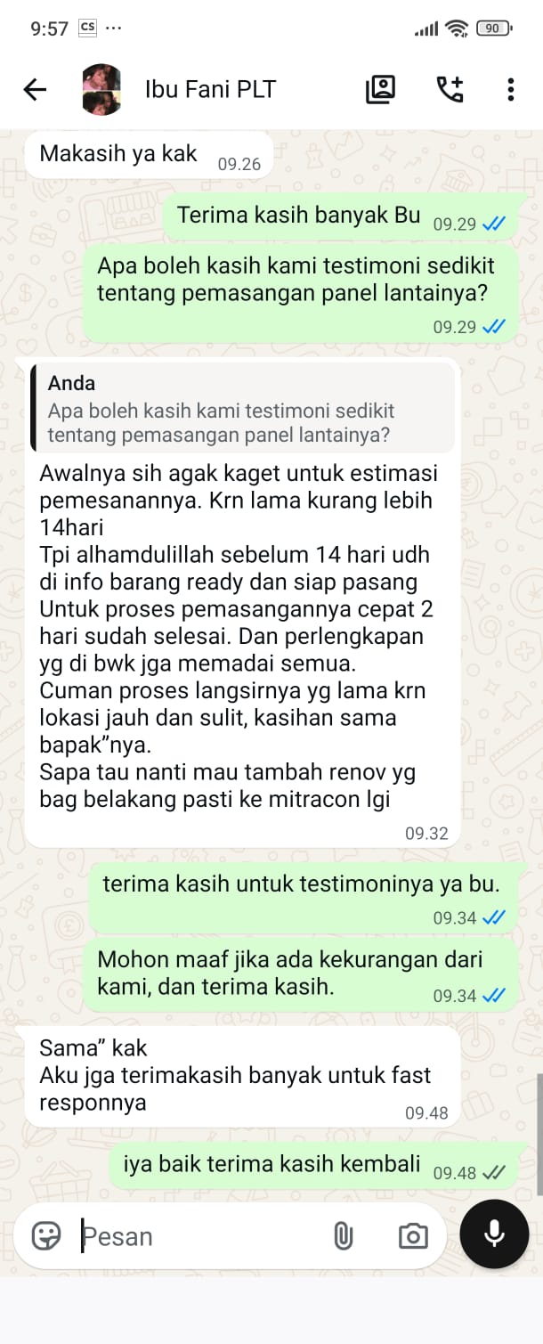 Promosi panel lantai Grand Elephant untuk rumah bertingkat dari Tiga Mitracon Indonesia, menampilkan produk panel lantai beton pracetak, keunggulan pemasangan, dan layanan konsultasi serta pemesanan melalui WhatsApp 0878-5257-4222.