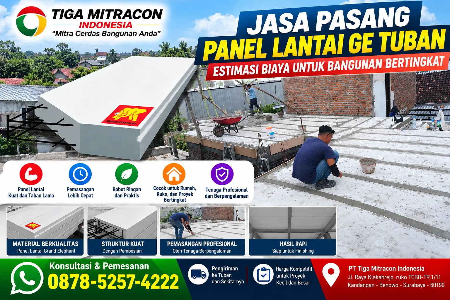 Jasa pasang Panel Lantai GE Tuban untuk bangunan bertingkat dengan material Grand Elephant dan tenaga pemasangan profesional dari Tiga Mitracon Indonesia.
