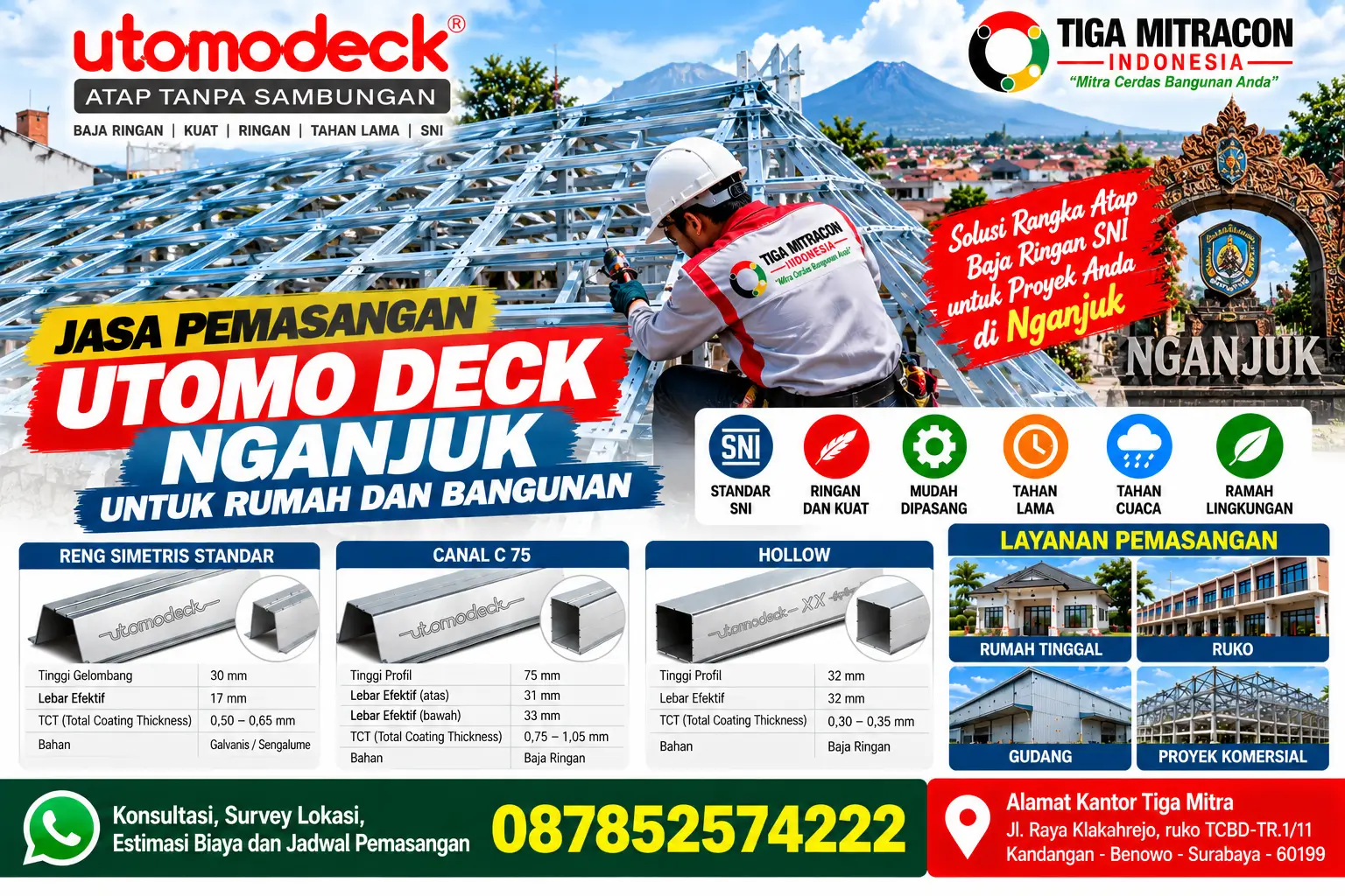 Jasa pemasangan Utomo Deck Nganjuk untuk rangka atap baja ringan rumah dan bangunan oleh Tiga Mitracon Indonesia