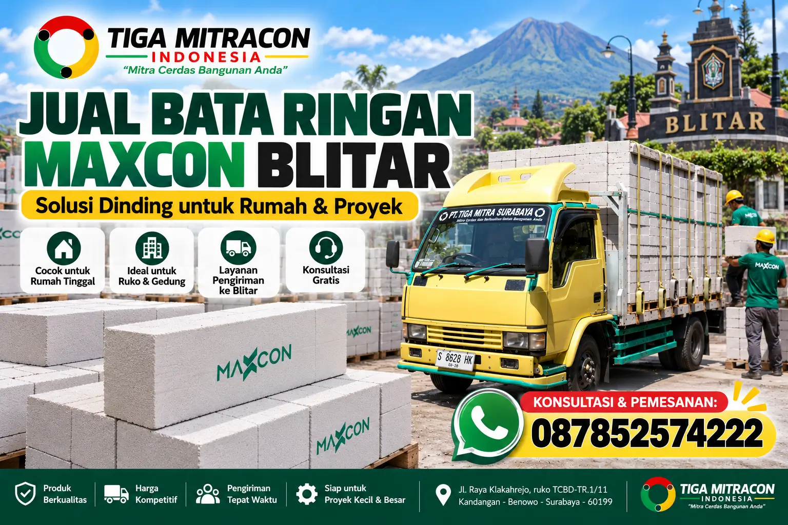 Jual bata ringan Maxcon Blitar untuk rumah dan proyek dengan armada pengiriman Tiga Mitracon Indonesia.