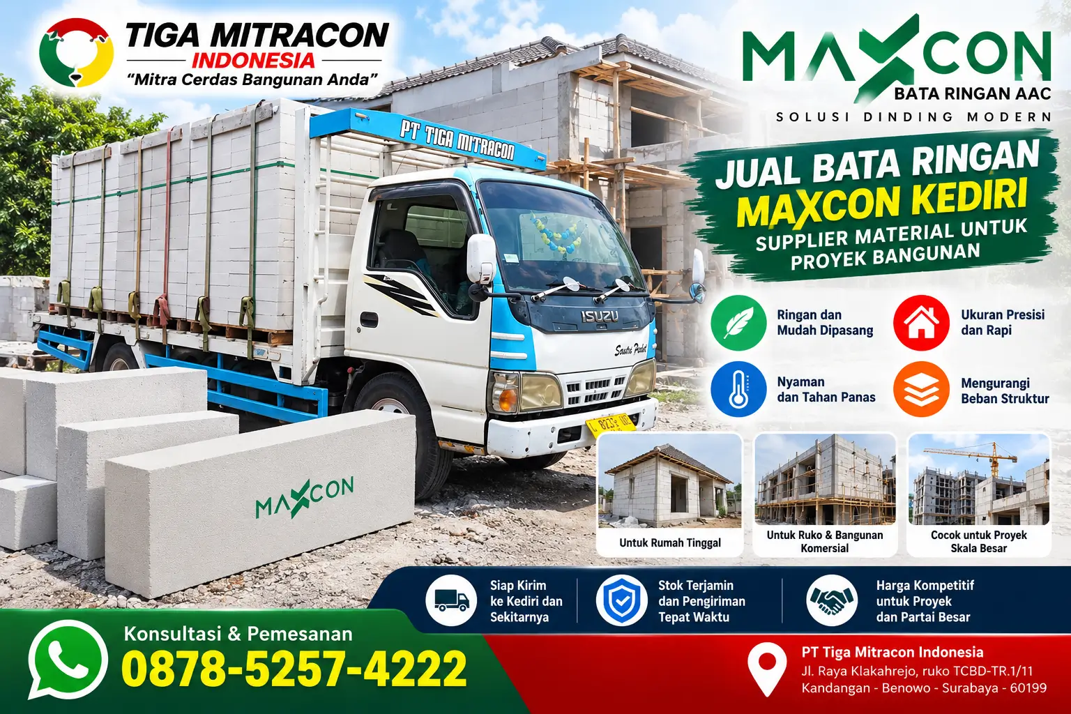 Jual bata ringan Maxcon Kediri untuk proyek bangunan dengan layanan pengiriman Tiga Mitracon Indonesia.