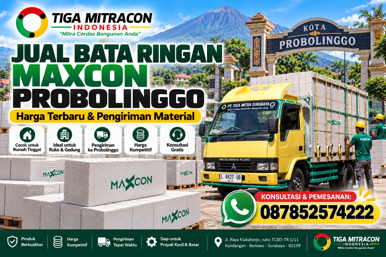 Jual bata ringan Maxcon Probolinggo dengan armada pengiriman dan layanan konsultasi Tiga Mitracon Indonesia.