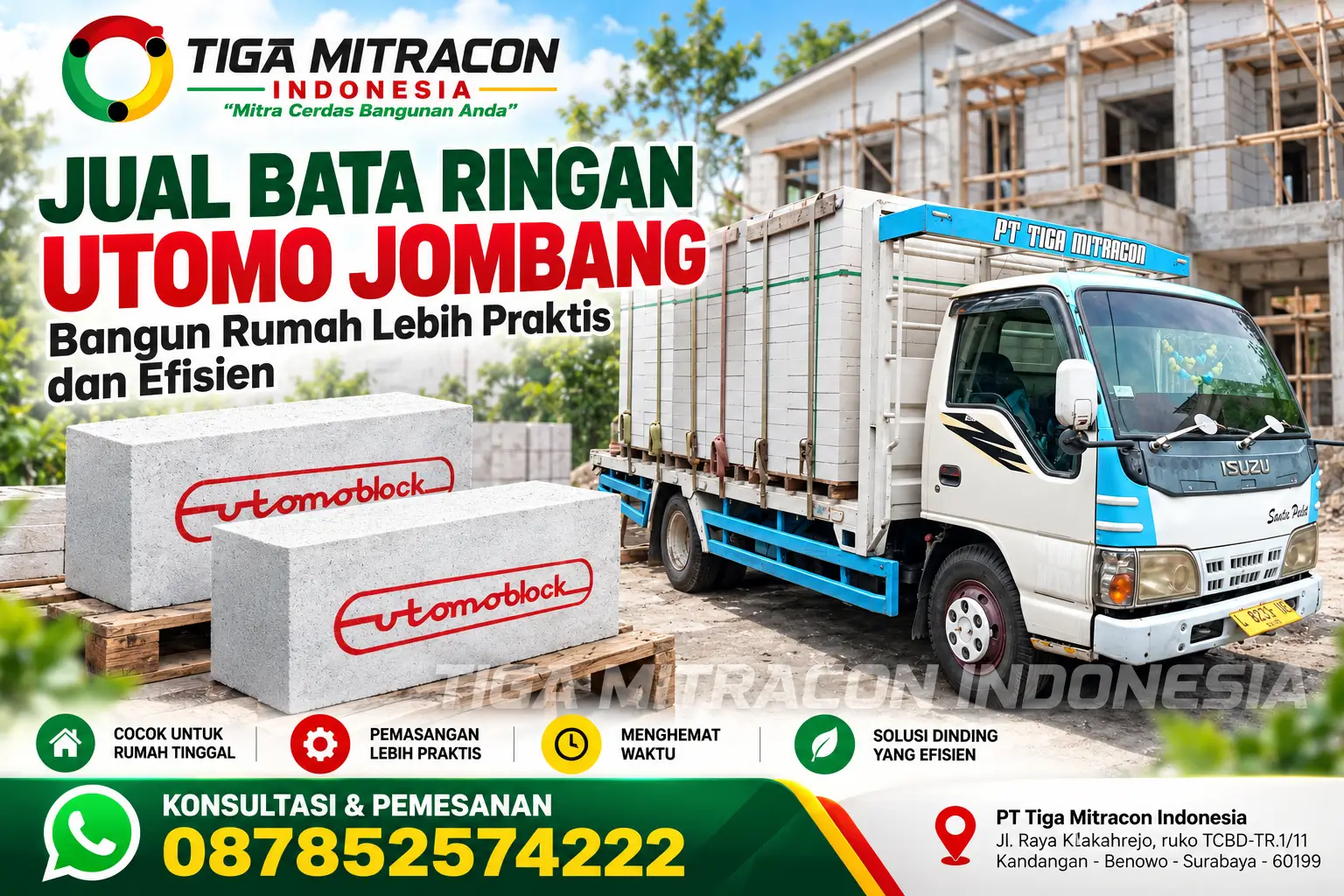 Jual bata ringan Utomo Jombang dengan truk pengiriman Tiga Mitracon Indonesia untuk pembangunan rumah
