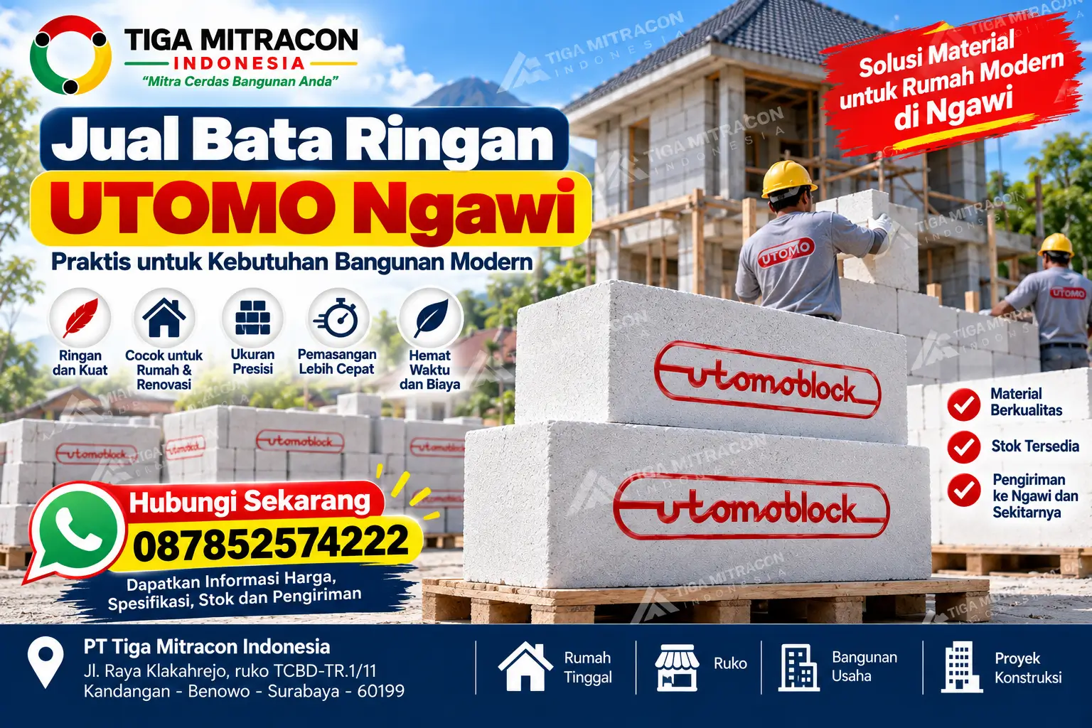 Jual bata ringan Utomo Ngawi untuk pembangunan rumah dan bangunan modern bersama Tiga Mitracon Indonesia.