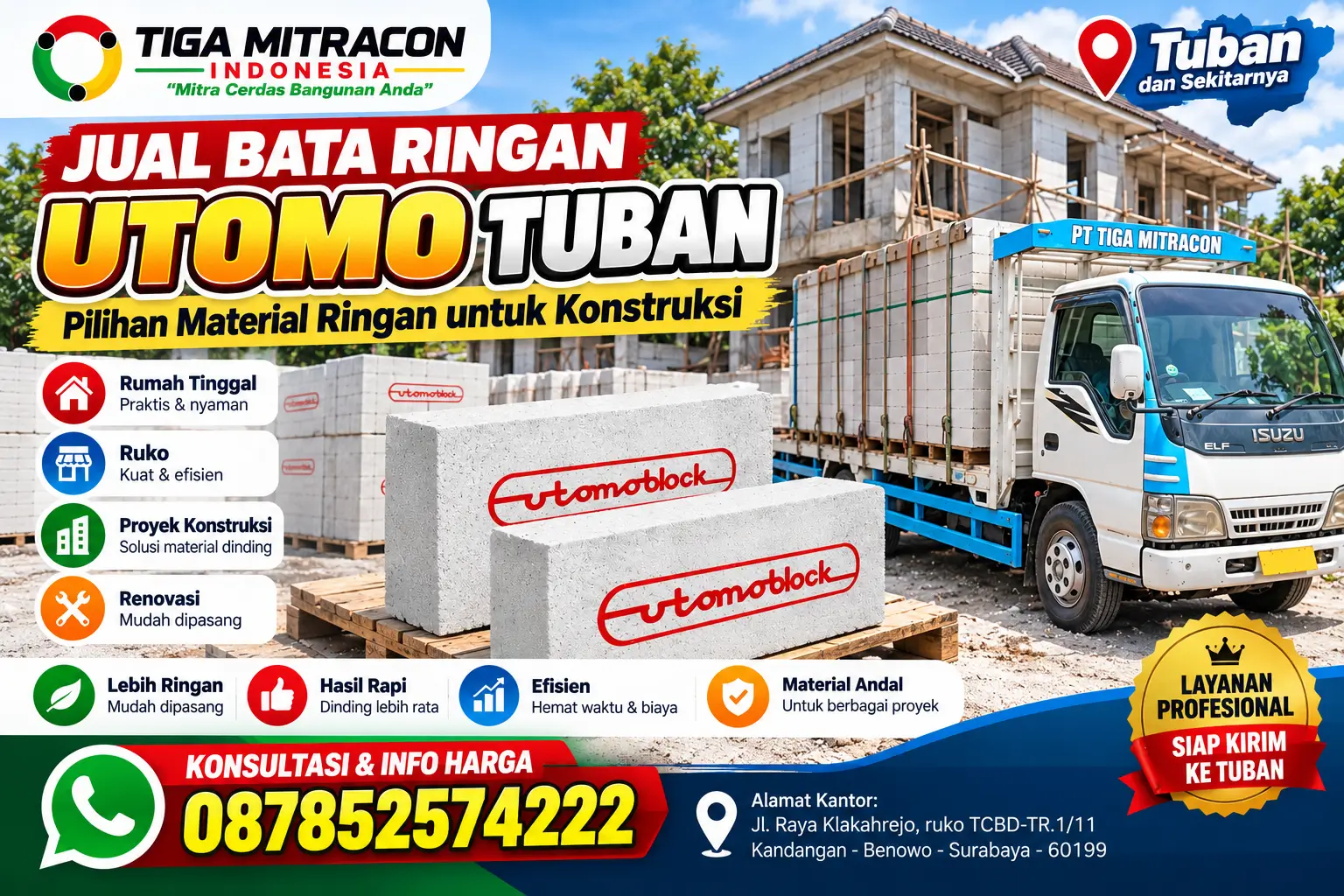 Jual bata ringan Utomo Tuban untuk rumah, ruko, dan proyek konstruksi bersama Tiga Mitracon Indonesia.