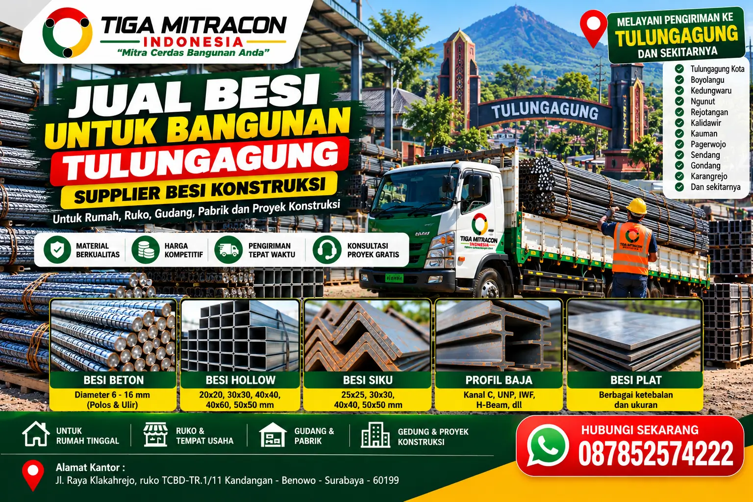 Jual besi untuk bangunan Tulungagung dari Tiga Mitracon Indonesia dengan pilihan besi beton, hollow, siku, profil baja, dan besi plat.