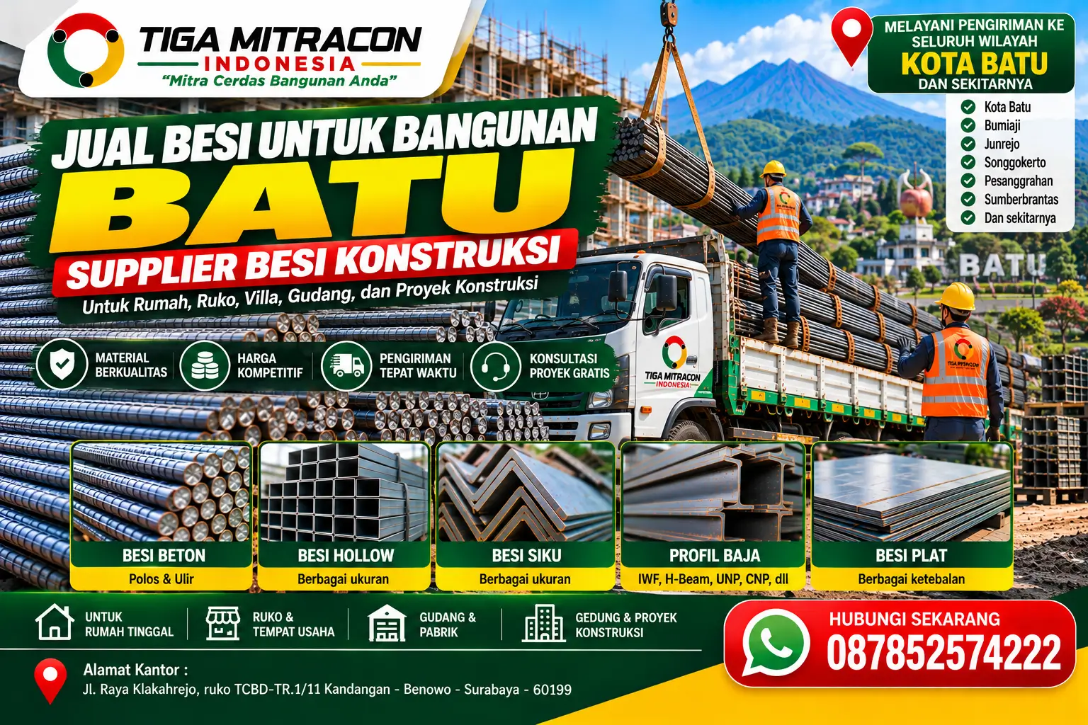 Jual besi untuk bangunan Batu dari Tiga Mitracon Indonesia, meliputi besi beton, besi hollow, besi siku, profil baja, dan besi plat.