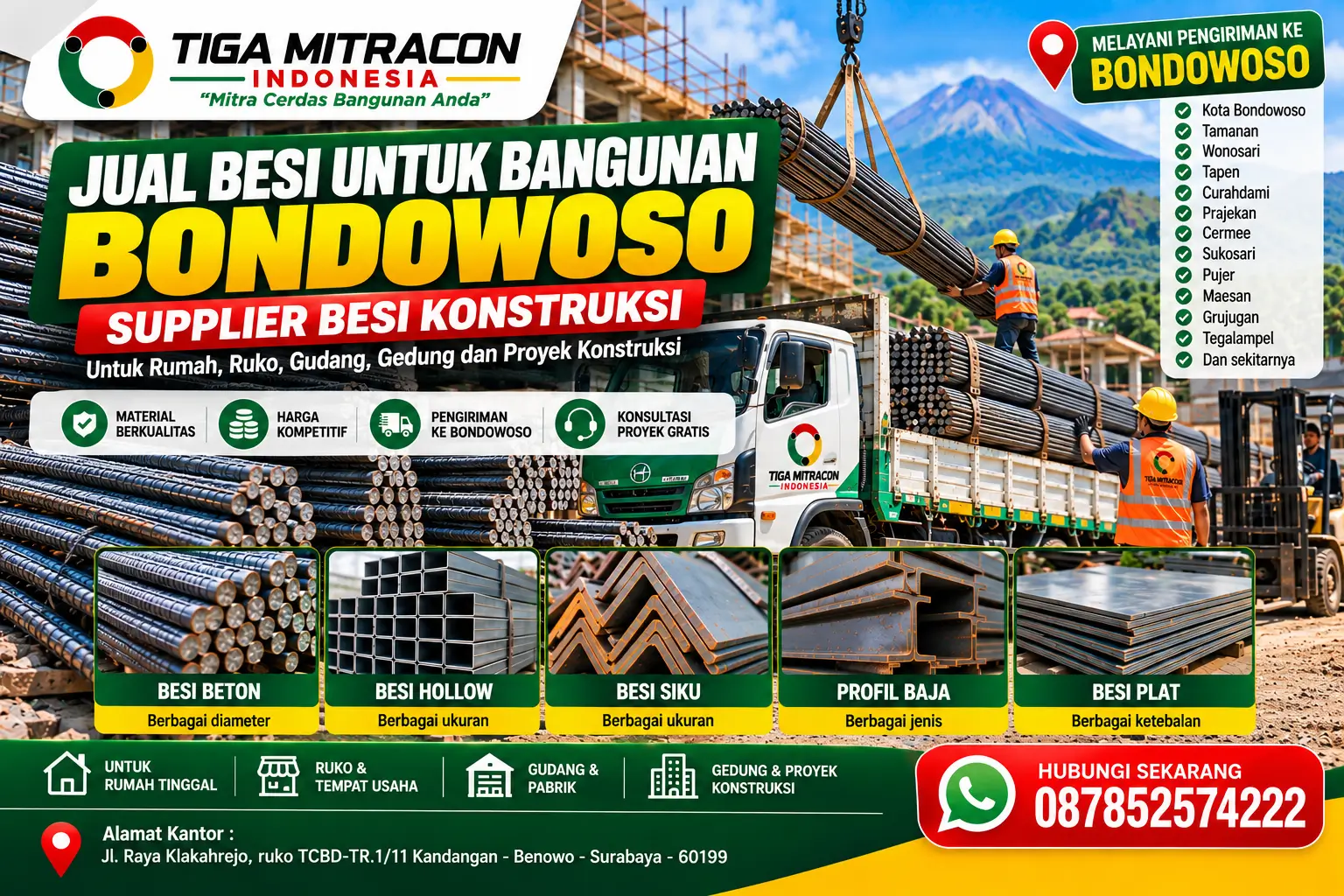 Jual besi untuk bangunan Bondowoso dari Tiga Mitracon Indonesia, menyediakan pilihan besi beton, besi hollow, besi siku, profil baja, dan besi plat untuk kebutuhan proyek konstruksi.