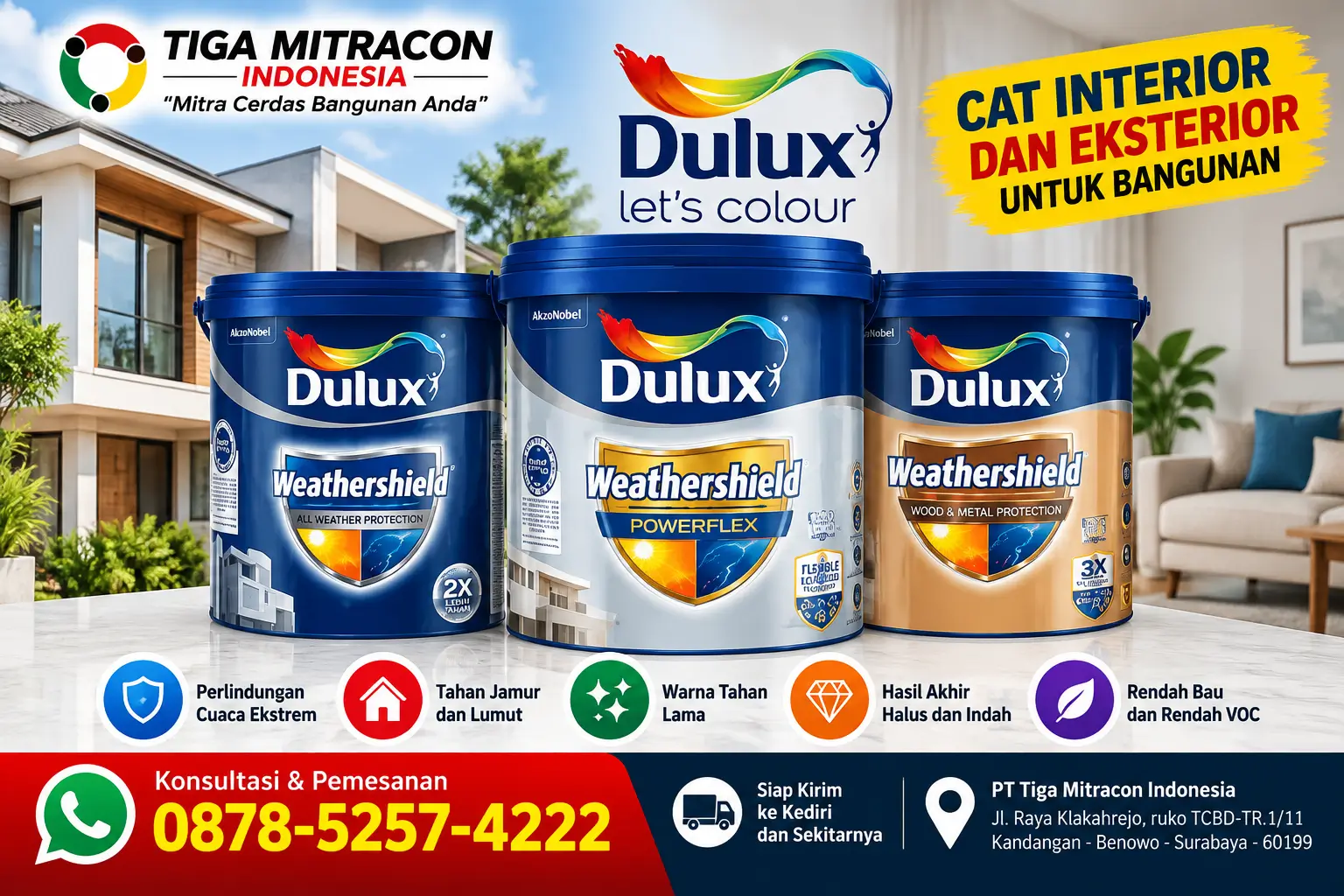 Cat Dulux Weathershield untuk perlindungan dinding eksterior dan berbagai kebutuhan pengecatan bangunan, Tiga Mitracon Indonesia.