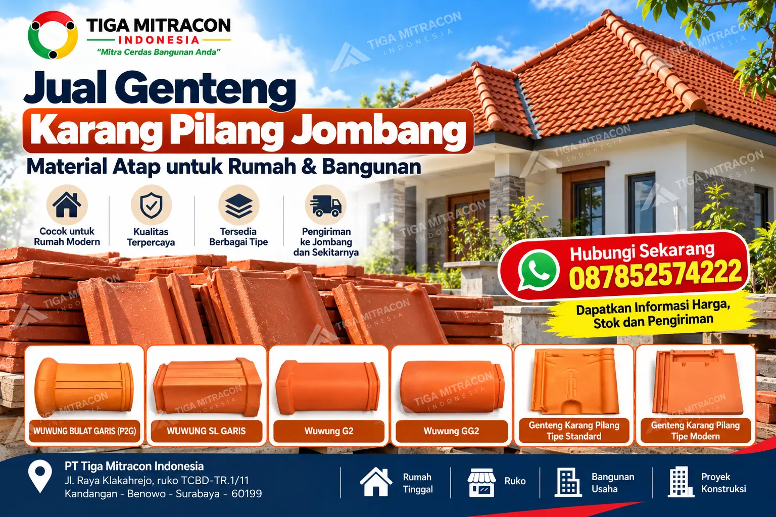 Jual genteng Karang Pilang Jombang untuk rumah dan bangunan, menampilkan pilihan genteng tanah liat dan wuwung dari Tiga Mitracon Indonesia.