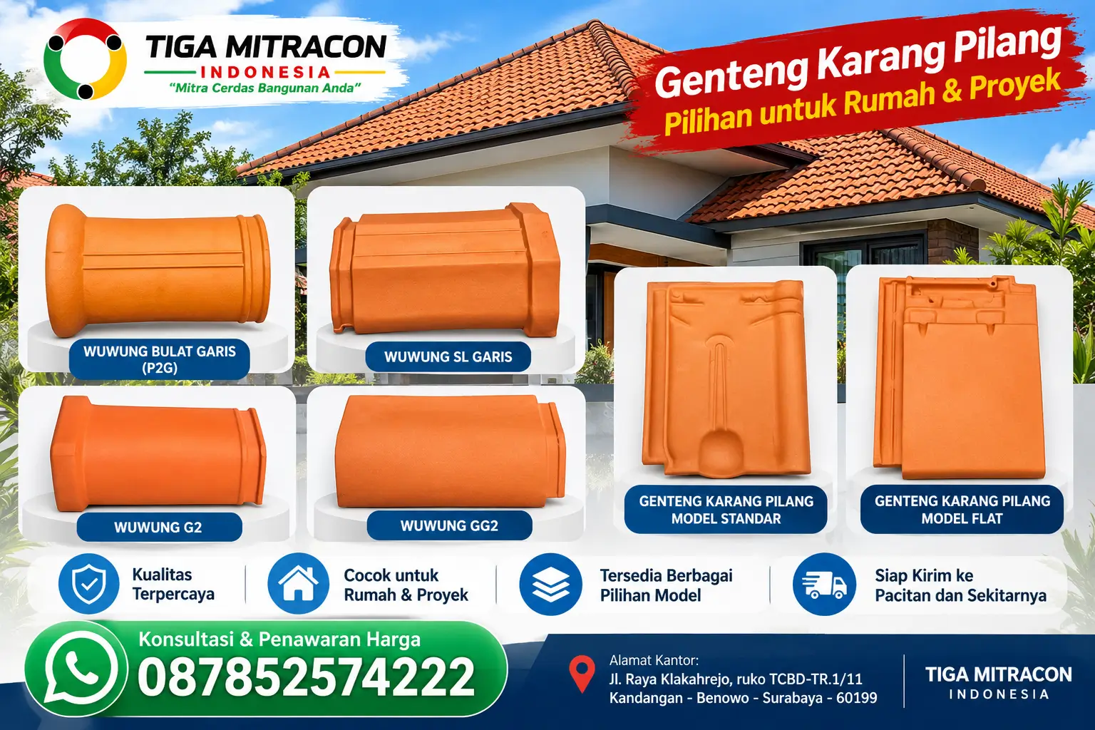 Genteng Karang Pilang model standar, flat, dan wuwung untuk rumah dan proyek di Pacitan – Tiga Mitracon Indonesia.