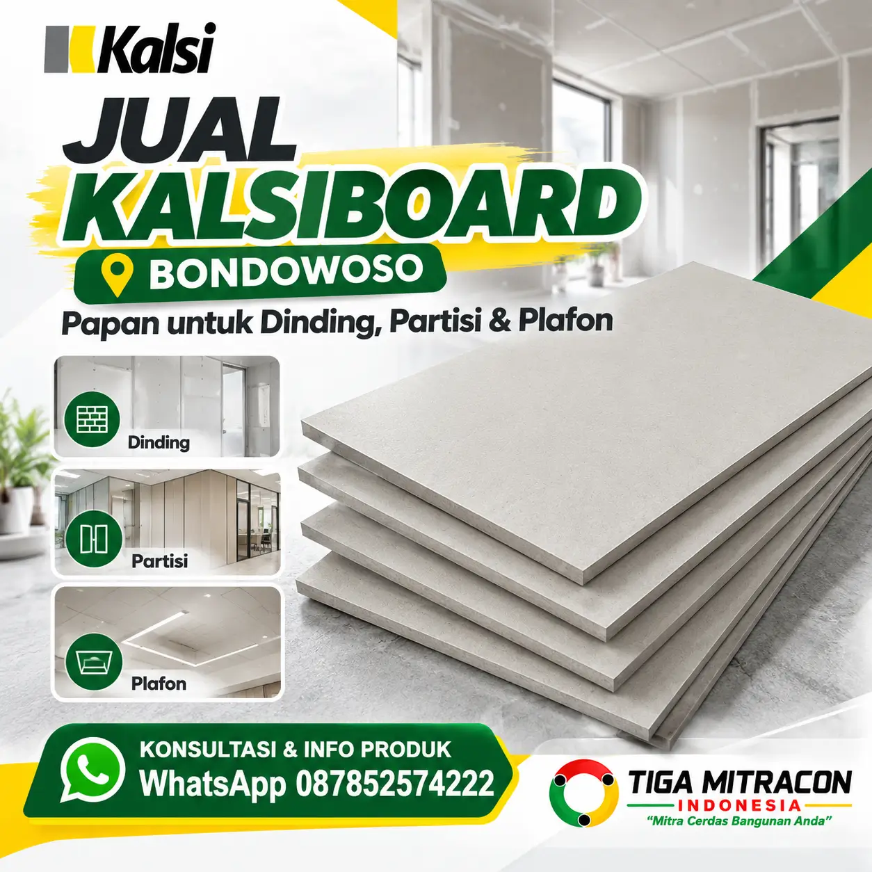 Jual Kalsiboard Bondowoso untuk papan dinding, partisi, dan plafon dengan layanan Tiga Mitracon Indonesia.