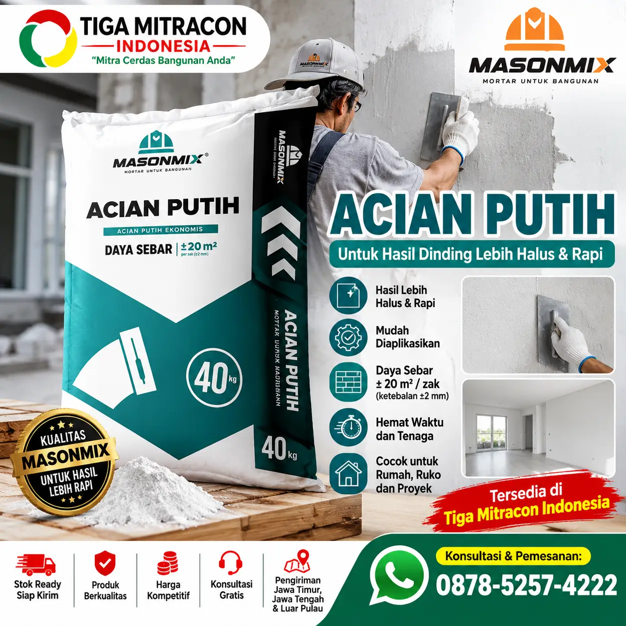 Masonmix Acian Putih 40 kg untuk finishing dinding agar lebih halus dan rapi, dilengkapi ilustrasi aplikasi produk, watermark Tiga Mitracon Indonesia, dan CTA WhatsApp 0878-5257-4222.