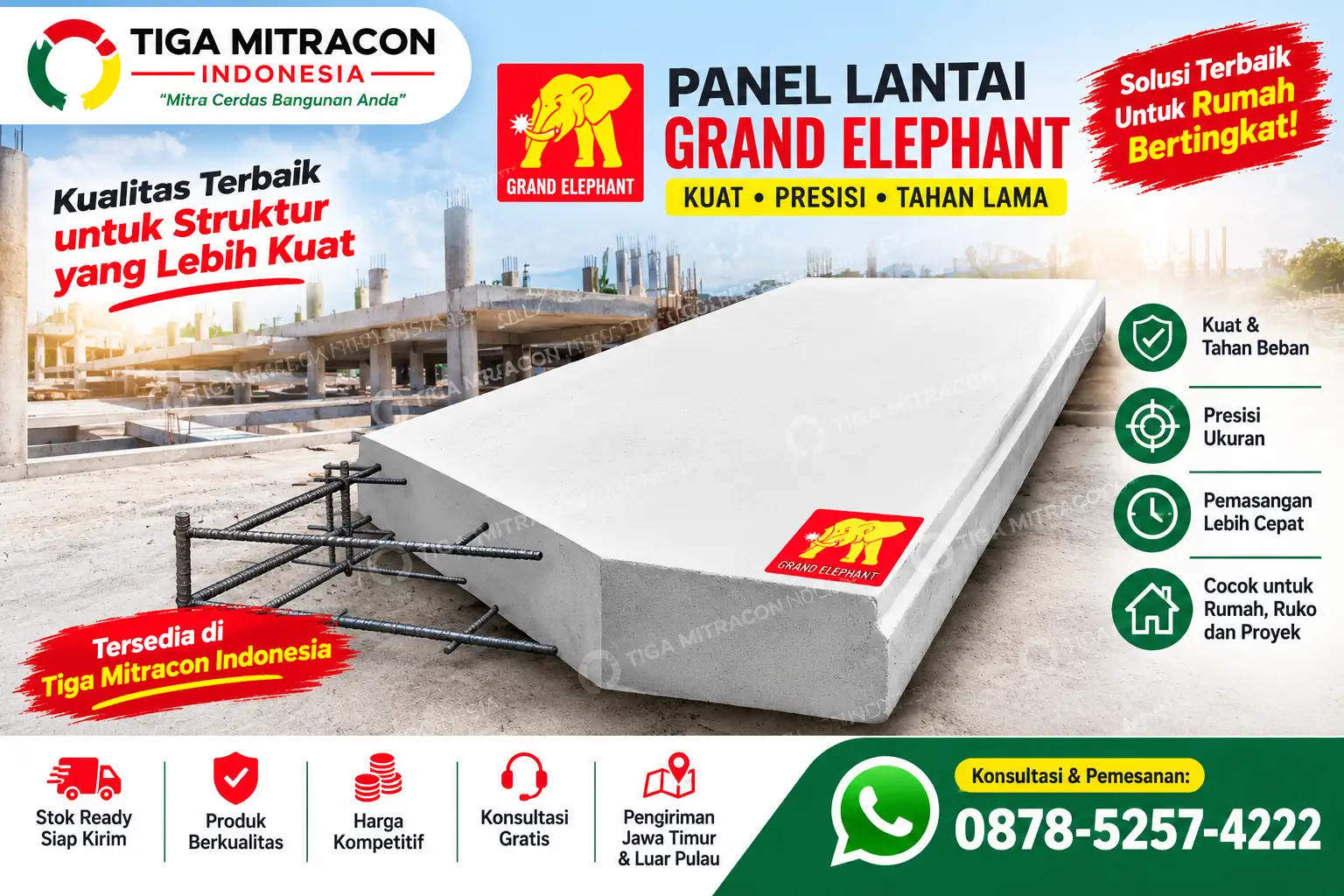 Promosi panel lantai Grand Elephant untuk rumah bertingkat dari Tiga Mitracon Indonesia, menampilkan produk panel lantai beton pracetak, keunggulan pemasangan, dan layanan konsultasi serta pemesanan melalui WhatsApp 0878-5257-4222.