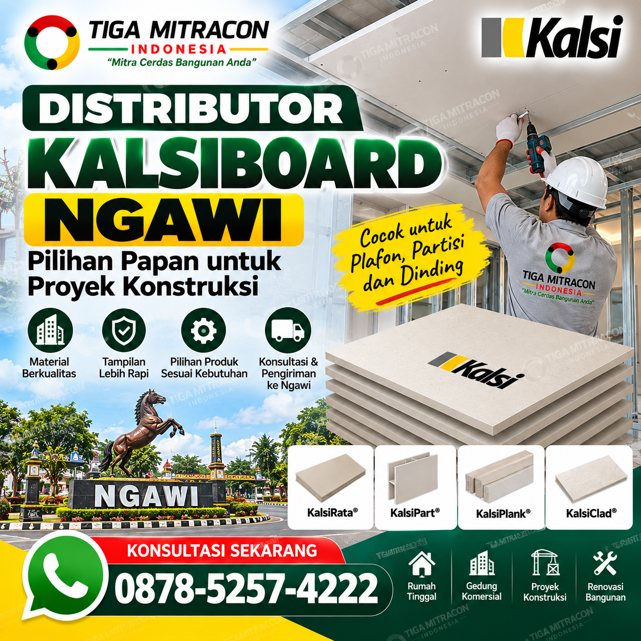 Distributor Kalsiboard Ngawi untuk proyek konstruksi, plafon dan partisi dengan produk Kalsi dari Tiga Mitracon Indonesia.