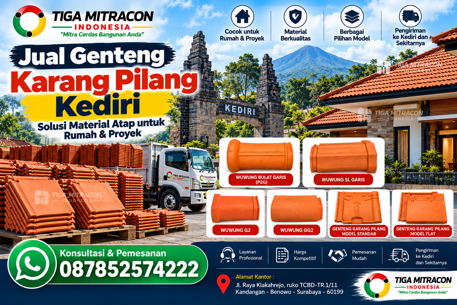 Jual genteng Karang Pilang Kediri dengan pilihan genteng wuwung dan genteng model standar serta flat untuk atap rumah dan proyek dari Tiga Mitracon Indonesia.