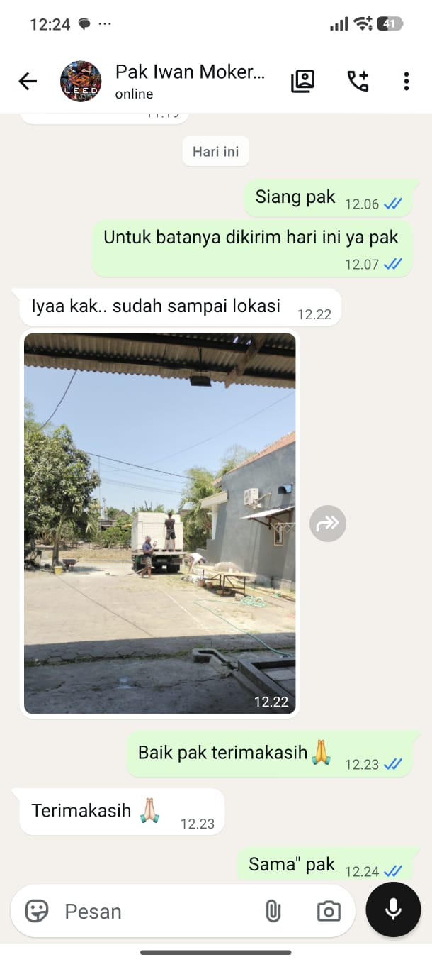 Testimoni pembelian 11,52 kubik bata ringan Citicon oleh Bapak Iwan di Watu Blorok Mojokerto dengan dokumentasi pengiriman dan penurunan material.