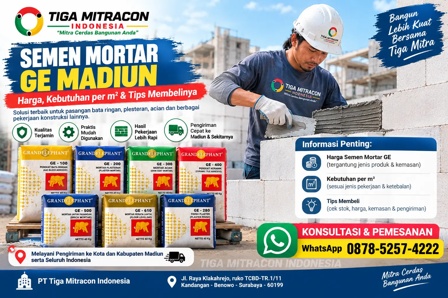 Promosi Semen Mortar GE Madiun dari Grand Elephant oleh Tiga Mitracon Indonesia dengan informasi kebutuhan per m² dan WhatsApp 087852574222.