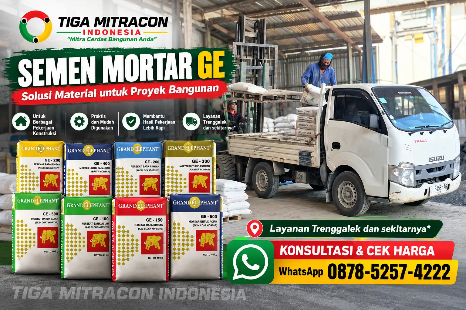 Semen Mortar GE Grand Elephant untuk proyek bangunan di Trenggalek dengan layanan Tiga Mitra.