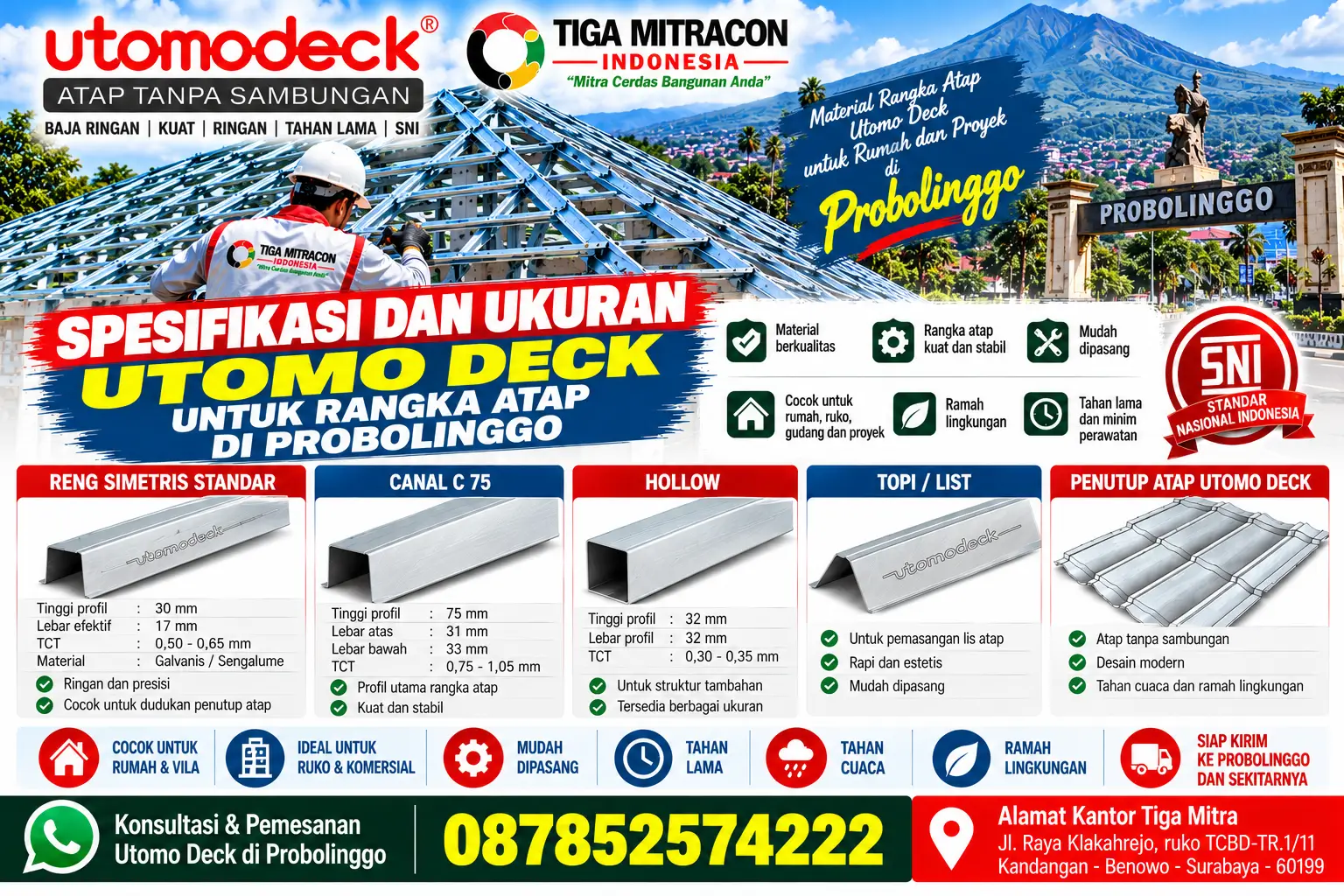 Spesifikasi dan ukuran Utomo Deck Probolinggo untuk rangka atap dengan profil Reng Simetris Standar, Canal C 75, Hollow, Topi/List, dan penutup atap dari Tiga Mitracon Indonesia