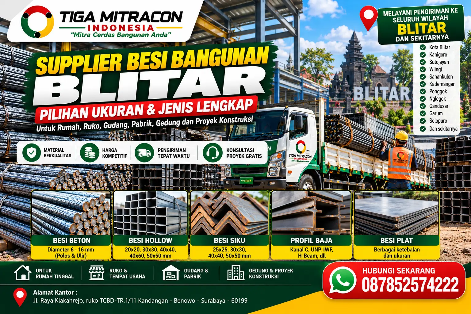Supplier besi bangunan Blitar dari Tiga Mitracon Indonesia dengan pilihan besi beton, hollow, siku, profil baja, dan besi plat.
