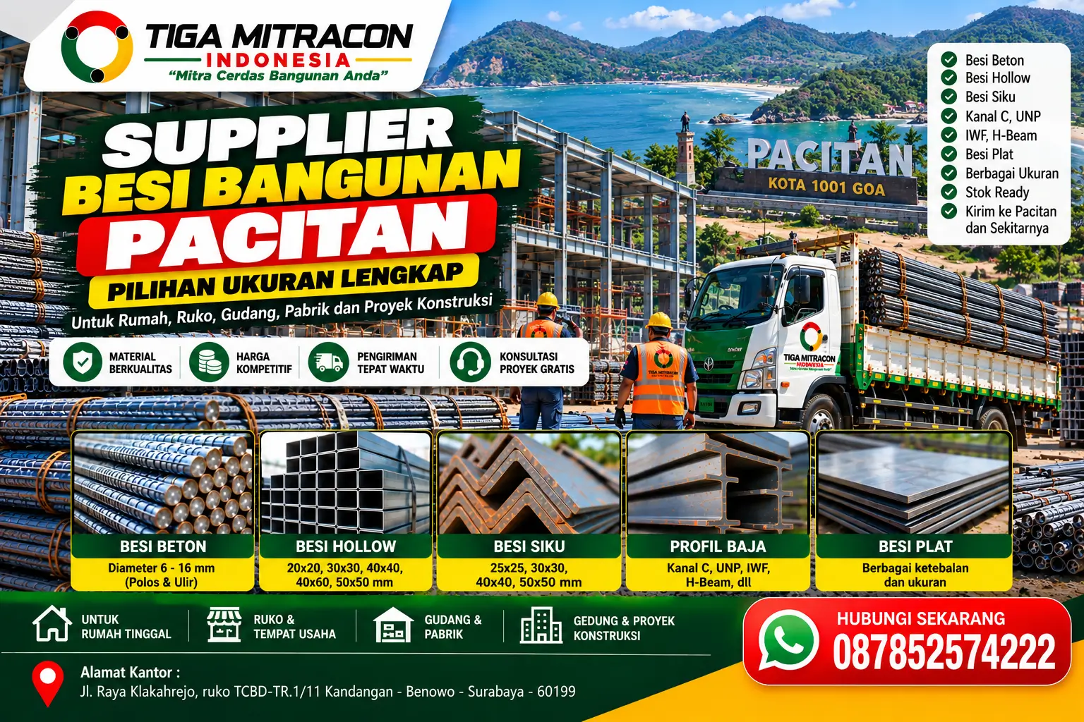 Supplier besi bangunan Pacitan dari Tiga Mitracon Indonesia dengan pilihan besi beton, hollow, siku, profil baja, dan besi plat untuk berbagai proyek konstruksi.