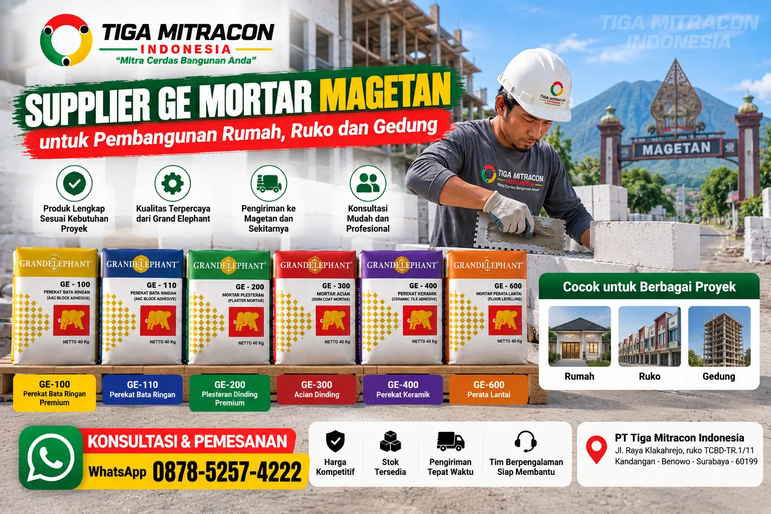 Supplier GE Mortar Magetan dari Grand Elephant untuk pembangunan rumah, ruko, dan gedung dengan layanan Tiga Mitracon Indonesia, WhatsApp 087852574222.