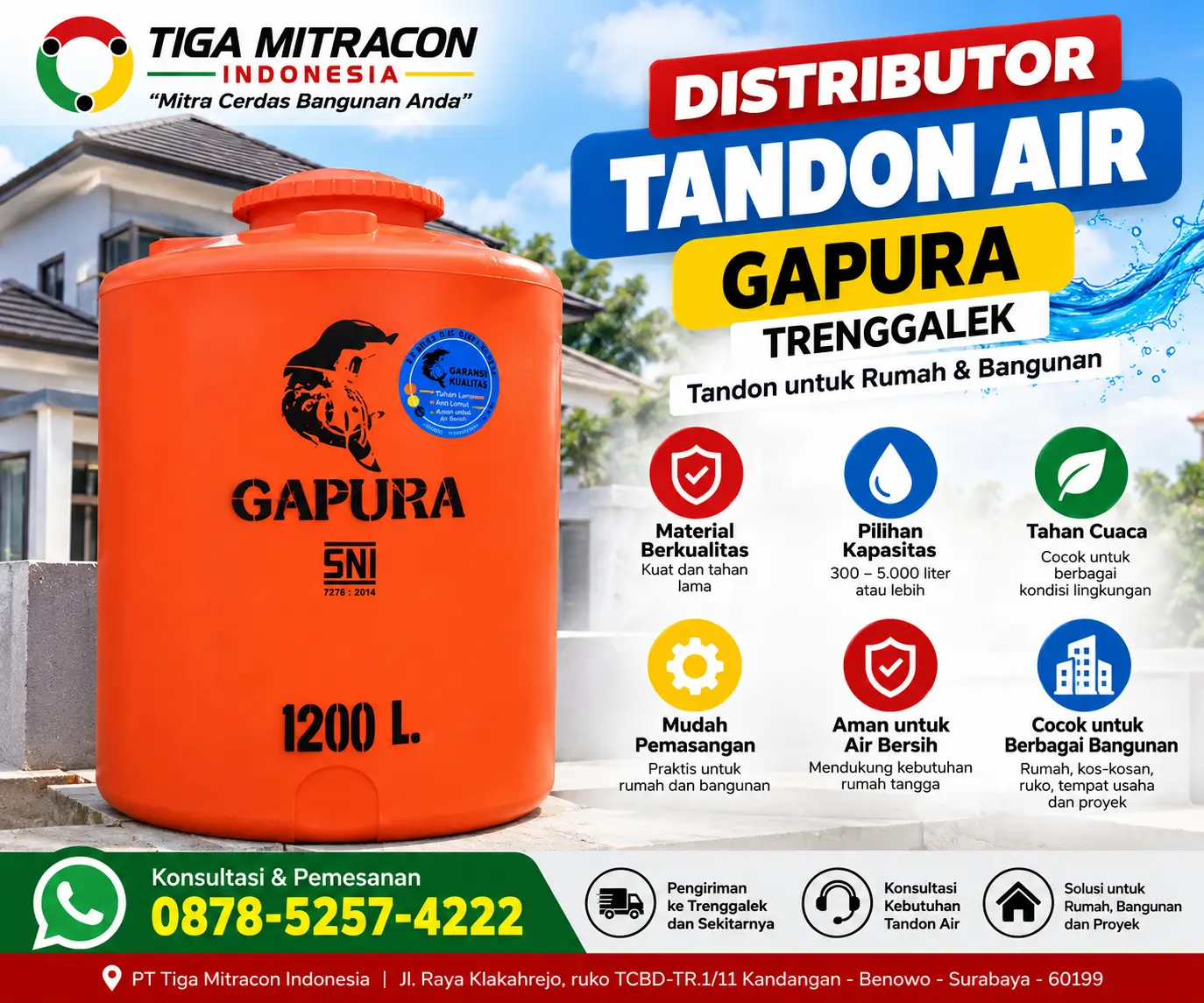 Tandon air Gapura 1200 liter warna oranye untuk rumah dan bangunan, tersedia melalui distributor Tiga Mitracon Indonesia di Trenggalek.
