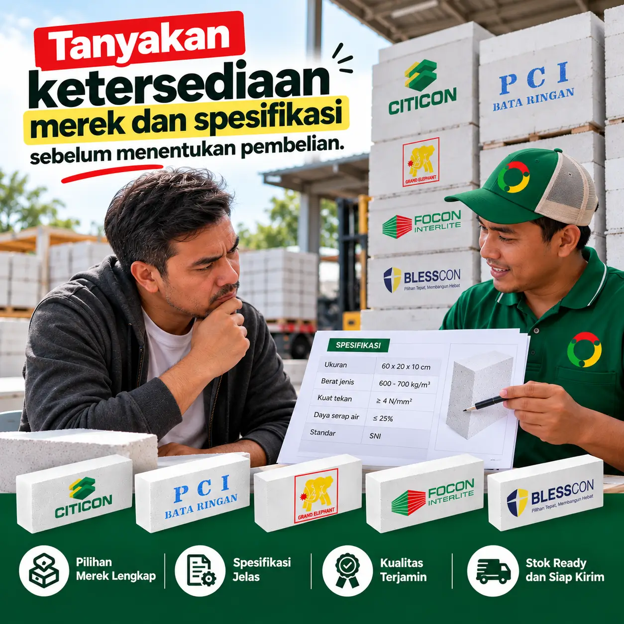 Tanyakan ketersediaan merek dan spesifikasi sebelum menentukan pembelian.