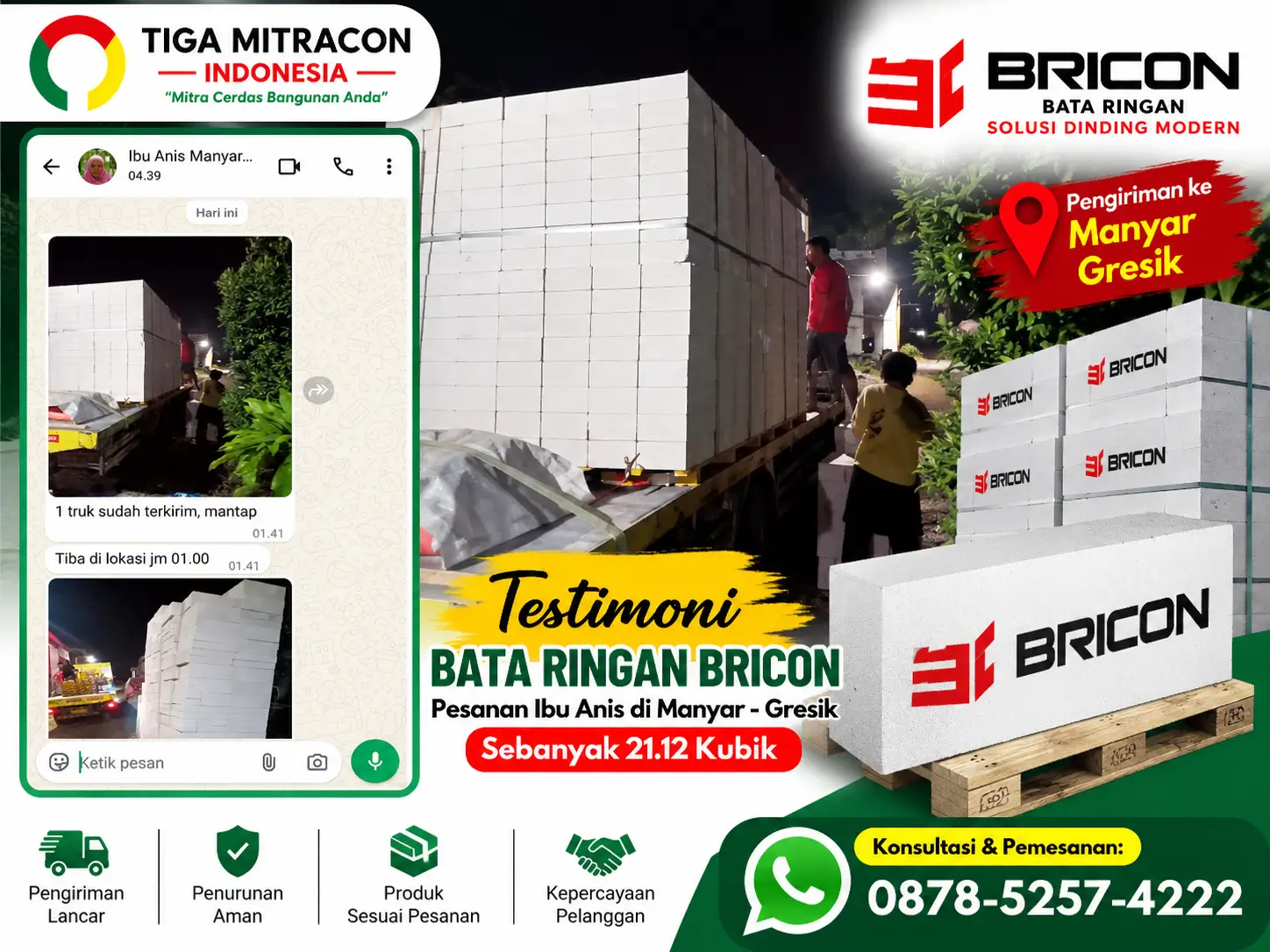 Testimoni pembelian 21,12 kubik bata ringan Bricon oleh Ibu Anis di Manyar, Gresik dengan dokumentasi pengiriman dan penurunan material.