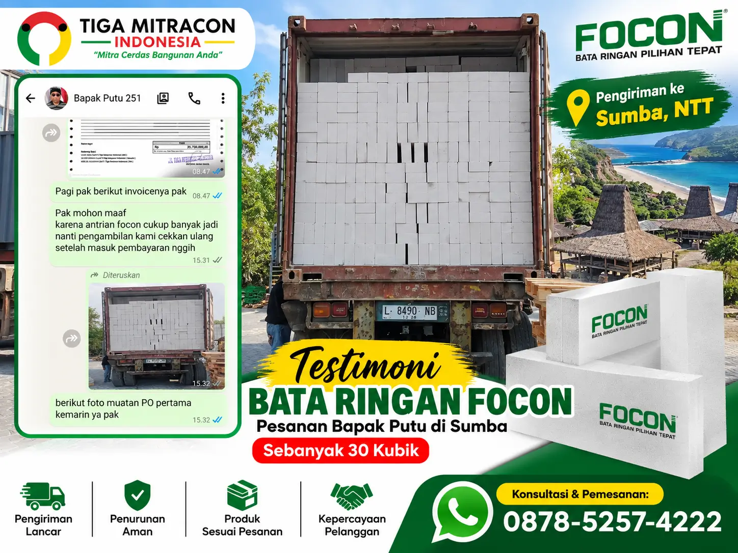 pembelian 30 kubik bata ringan Focon oleh Bapak Putu untuk pengiriman ke Sumba, NTT, dengan dokumentasi muatan truk dan branding Tiga Mitracon Indonesia.