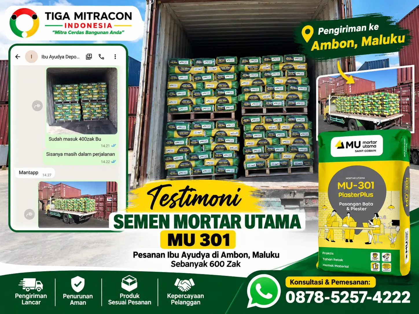 Testimoni Semen Mortar MU 301 600 Zak Kirim ke Ambon Maluku