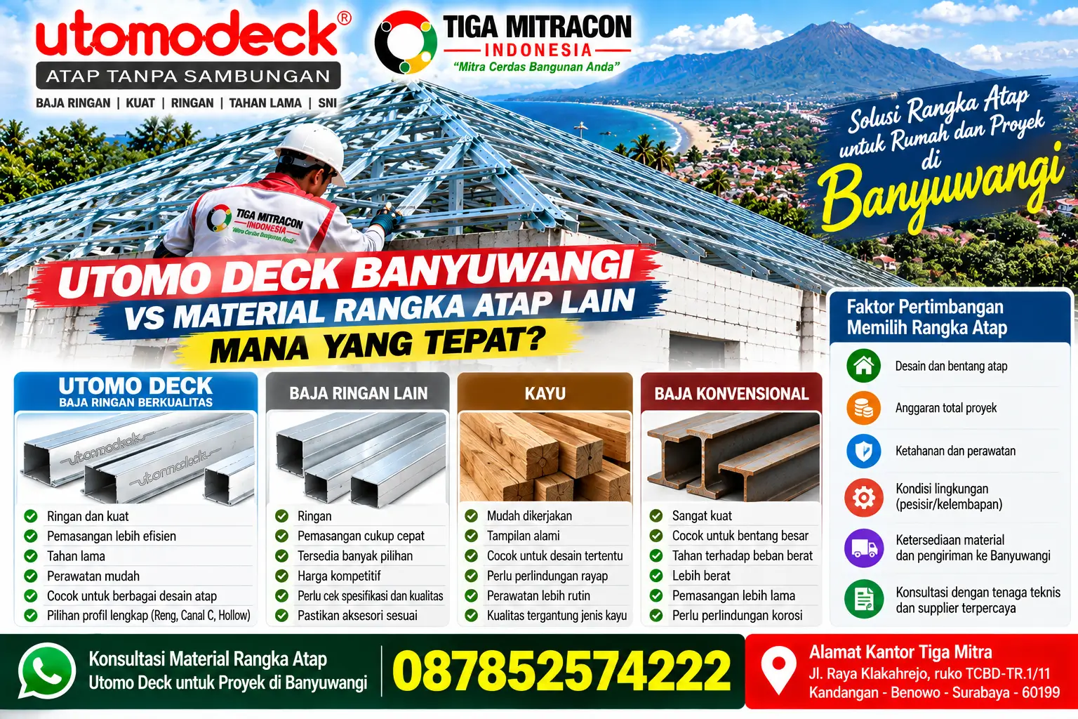 Utomo Deck Banyuwangi vs material rangka atap lain seperti baja ringan, kayu, dan baja konvensional untuk rumah dan proyek bangunan