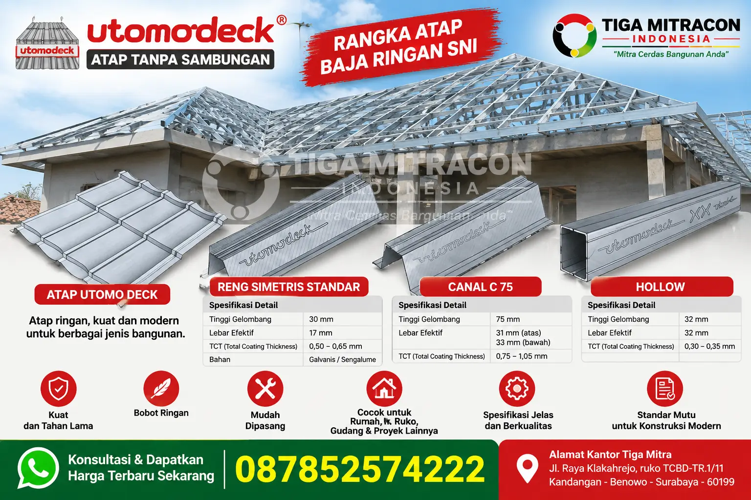 Utomo Deck rangka atap baja ringan SNI Surabaya dengan Reng Simetris, Canal C 75 dan Hollow