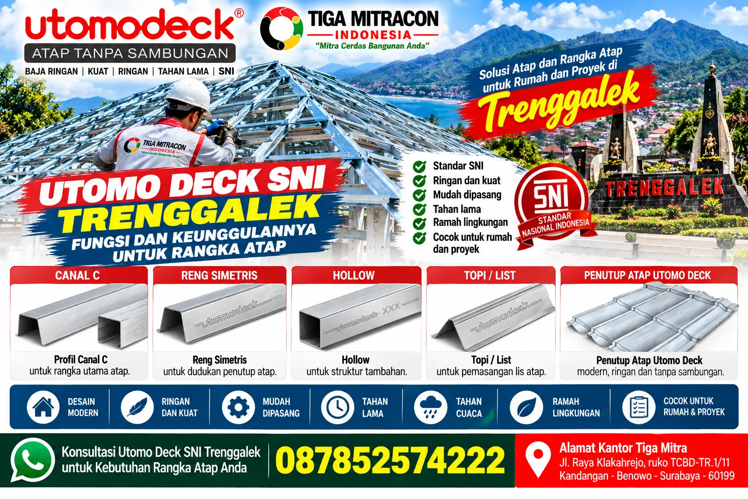 Utomo Deck SNI Trenggalek untuk rangka atap baja ringan dengan profil Canal C, Reng Simetris, Hollow, dan penutup atap Utomo Deck dari Tiga Mitracon Indonesia