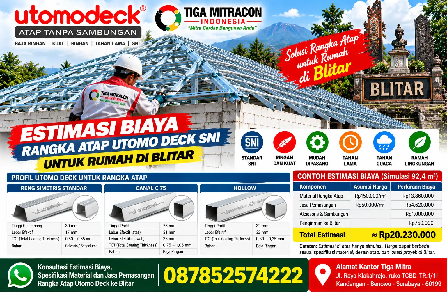 Estimasi biaya rangka atap Utomo Deck SNI untuk rumah di Blitar dengan material baja ringan dan jasa pemasangan Tiga Mitra