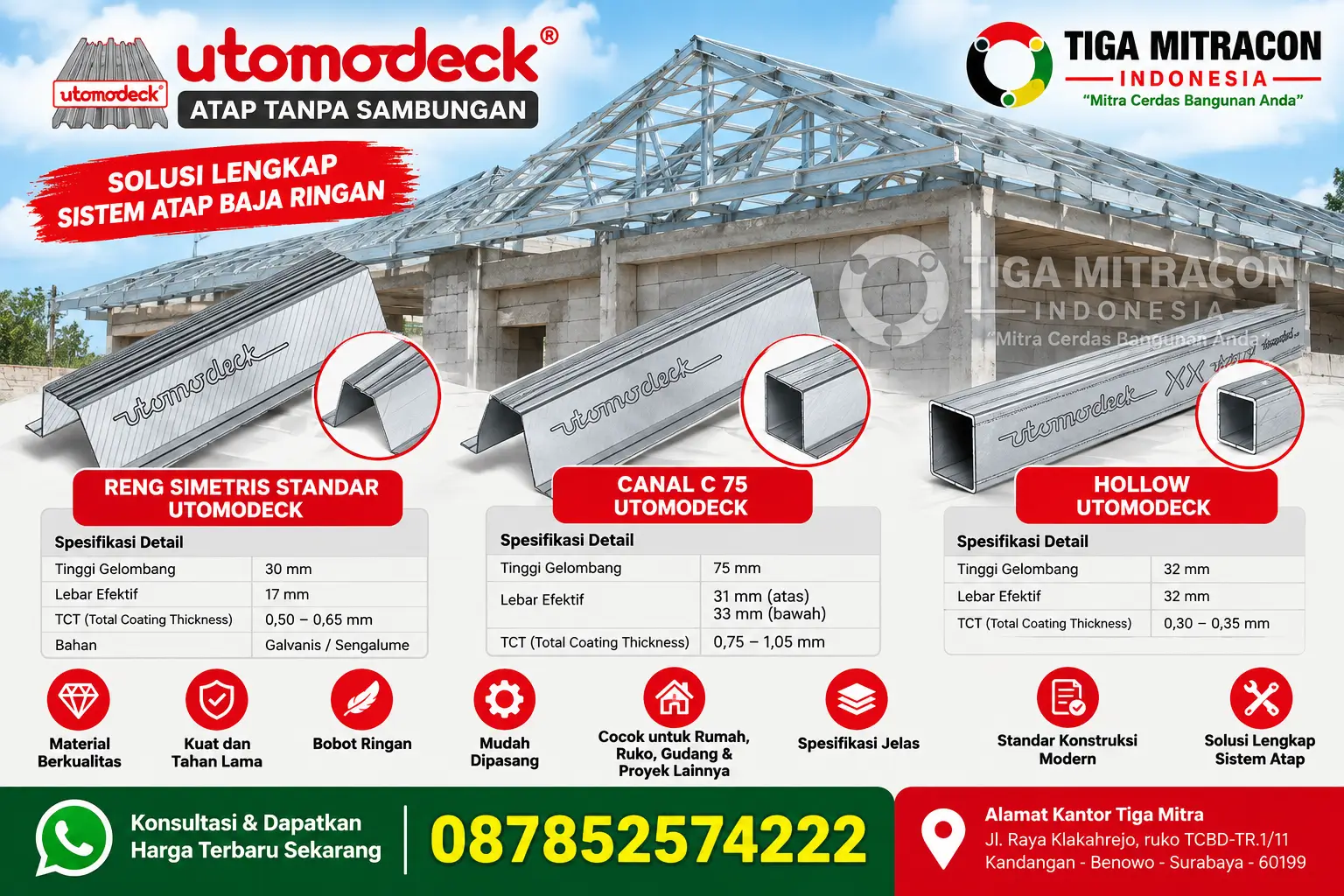 Utomodeck rangka atap baja ringan dengan Reng Simetris Standar, Canal C 75 dan Hollow