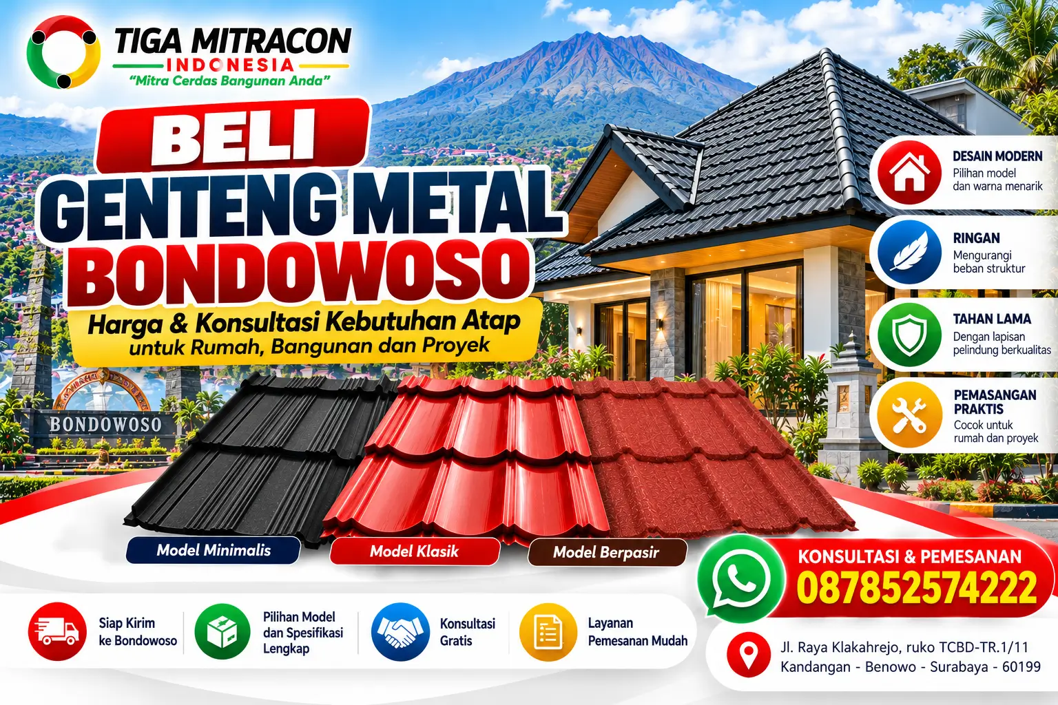 Beli genteng metal Bondowoso untuk rumah dan bangunan dengan pilihan model minimalis, klasik, dan berpasir dari Tiga Mitracon Indonesia.