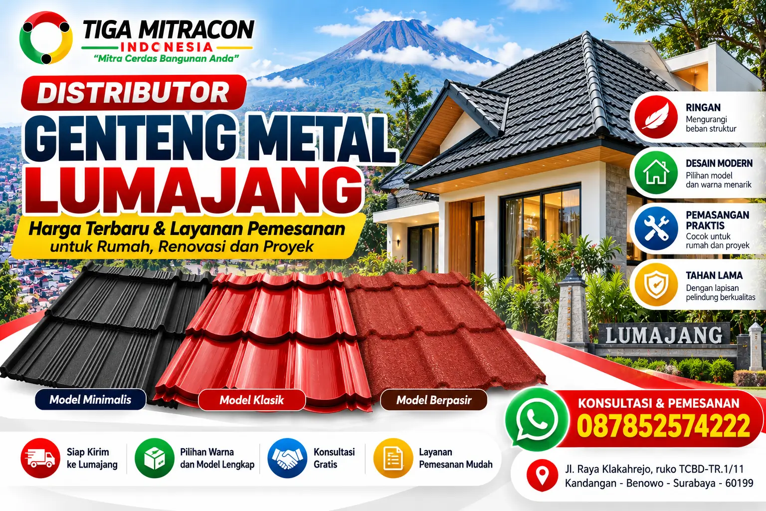 Distributor genteng metal Lumajang untuk rumah dan proyek dengan pilihan model minimalis, klasik, dan berpasir dari Tiga Mitracon Indonesia.