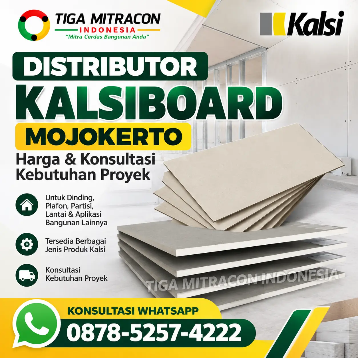 Distributor Kalsiboard Mojokerto untuk kebutuhan dinding, plafon, partisi, dan proyek bangunan bersama Tiga Mitra.