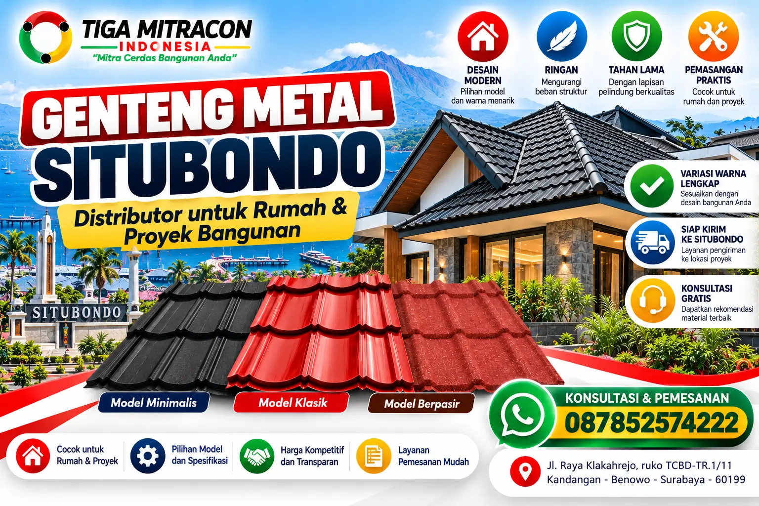 Genteng metal Situbondo untuk rumah dan proyek bangunan dengan pilihan model minimalis, klasik, dan berpasir dari Tiga Mitracon Indonesia.